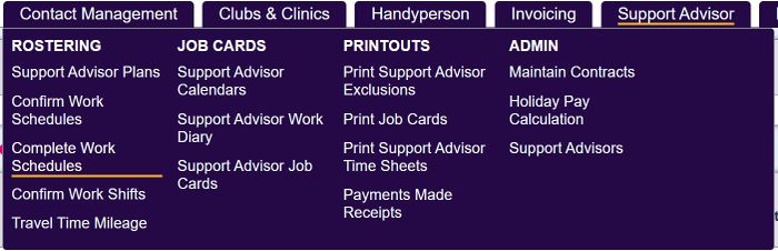 "a screenshot of the complete work schedules button, highlighted in the support advisor menu."