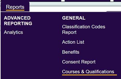"a screenshot of the courses and qualifications report button in the report menu."