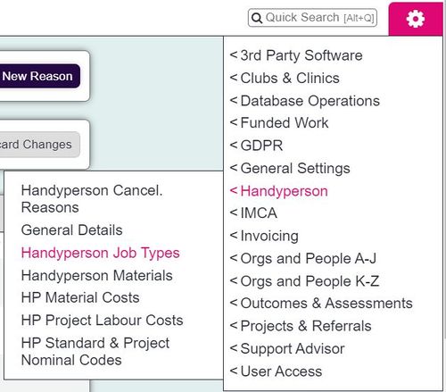 "a screenshot of the handyperson job types button, highlighted in the admin menu."