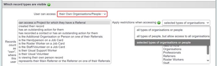 "a screenshot of the 'see own orgs and people' setting on the user record."