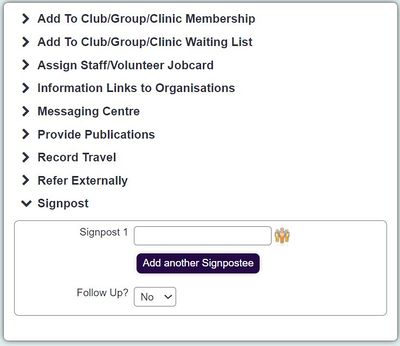 "a screenshot of the Signpost/External Referral drop down box in the record a contact drop down."