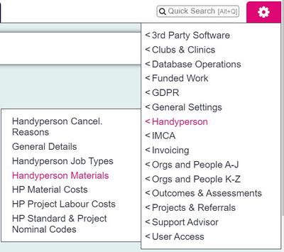 "a screenshot of the handyperson materials button, highlighted in the admin menu."