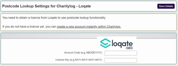 "postcode lookup details entry page in Charitylog"