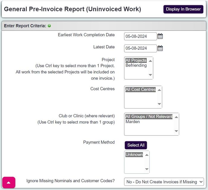 "a screenshot of the general pre invoicing fields, as listed below."