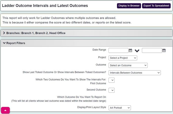 "a screenshot of the intervals and latest outcomes report fields as listed below."
