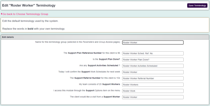 "a screenshot of the roster worker terminology editing page, with fields allowing you to edit the name of the individual terminilogy."