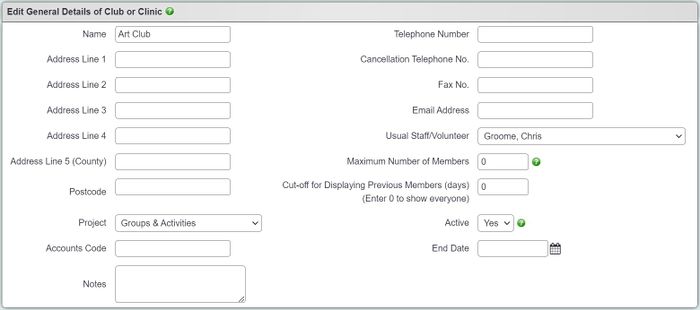 "a screenshot of the club and clinic general details page, with a field for 'usual staff / volunteer'.