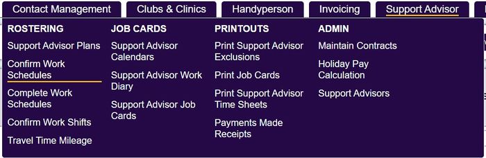 "a screenshot of the confirm work schedules button, highlighted in the support worker menu."