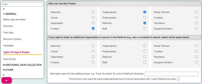 "a screenshot of the project set up page. The screenshot is on the section 'types of orgs and people' and has ticks in the boxes for Organisation, Funders and Referrers'."