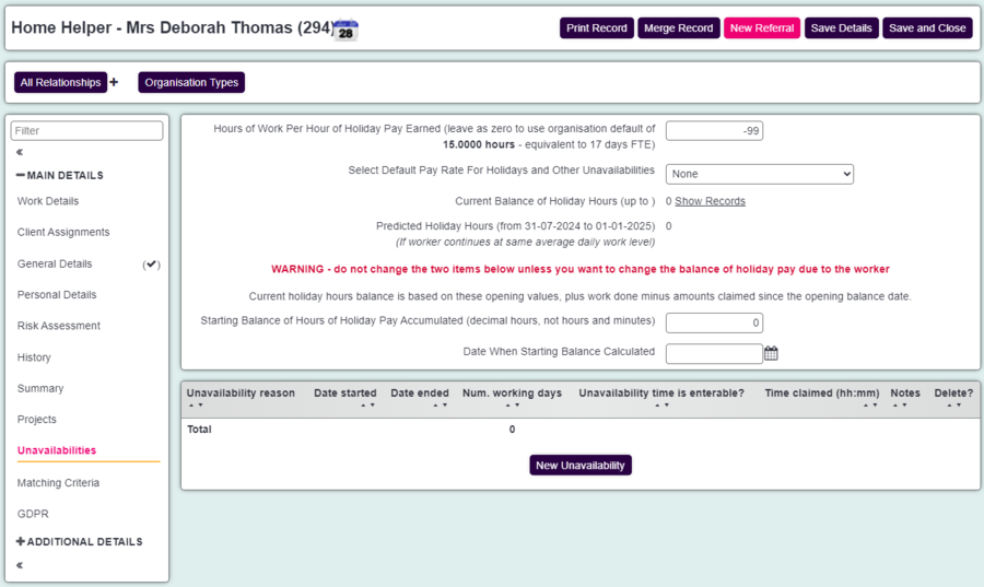 "A Screenshot of the unavailability's section, displaying fields for entry of unavailability times."