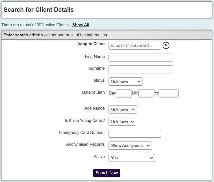 "a screenshot of the organisation and people search page. This displays a search page, including fields such as name, date of birth, and age range, where you can search for records."