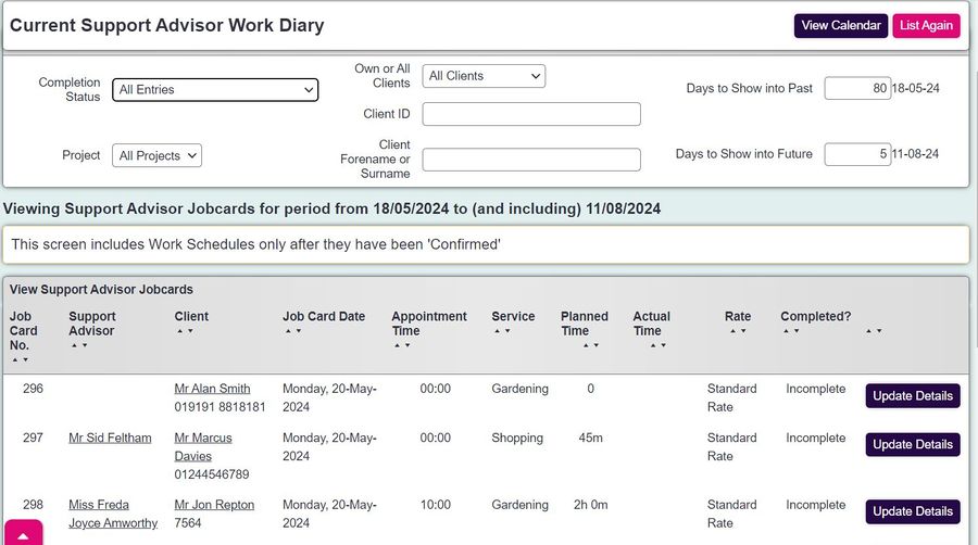 "a screenshot of the support advisor work diary page."