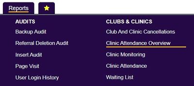 "a screenshot of the clinic attendance overview button, highlighted in the reporting menu."