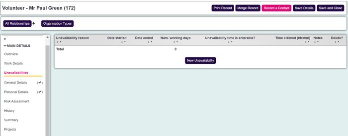 "a screenshot of the unavailability's section of the volunteer record."