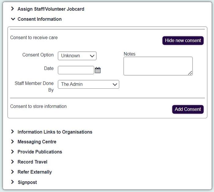 "a screenshot of the consent information field in the record a contact page."