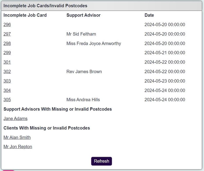 "a screenshot of the confirmed work. This lists the job card numbers of incomplete jobs, with the support advisors name and a job date."