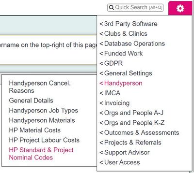 "a screenshot of the handyperson project and nominal codes button highlighted in the admin menu."