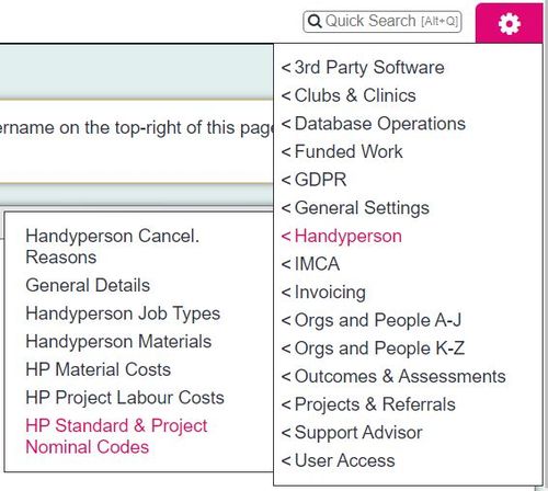 "a screenshot of the handyperson project and nominal codes button highlighted in the admin menu."