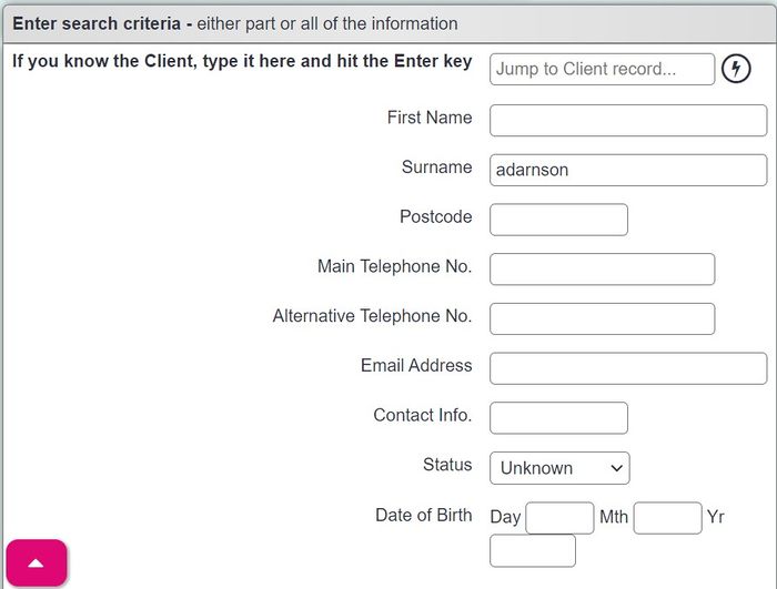 "a screenshot of the client search page, with a surname entered in the surname search field."