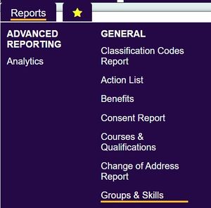 "a screenshot of the groups and skills report button, highlighted in the reports menu."