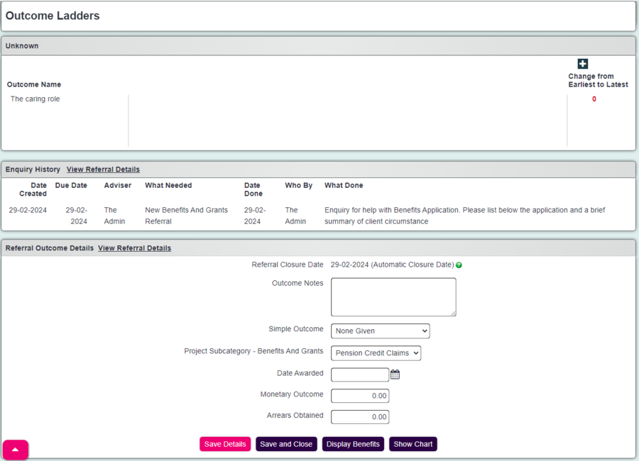 "a screenshot of the referral outcomes page, including data entry fields for ladder outcomes."