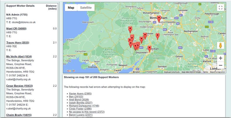 "a screenshot of the support worker search page in a map view. This shows a map with a location tag, depending on where the support worker is located."