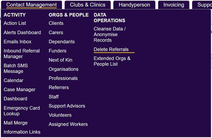 "a screenshot of the delete referrals button, highlighted in the contact management menu."