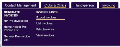 "the charitylog invoicing menu with button for export invoices."