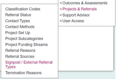 "a screenshot of the Signpost/External Referral Types button in the admin menu."