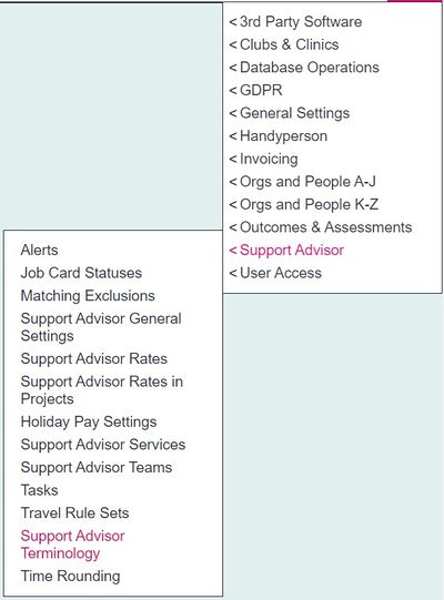 "a screenshot of support advisor terminology button, highlighted in the admin menu."