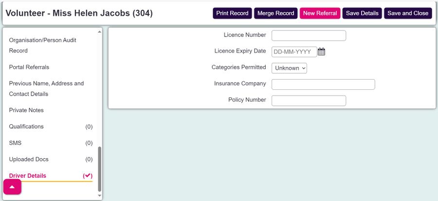 "a screenshot of the driver details extension database fields listed on the record for data entry."