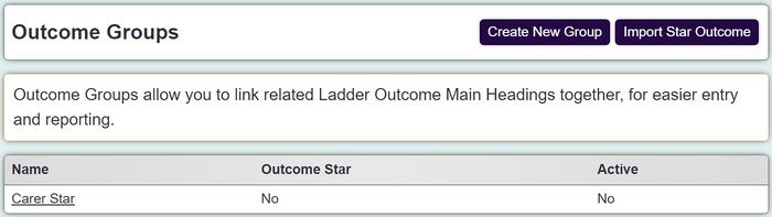 "a screenshot of the outcome star list. There is a button in the top right hand corner allowing you to 'import outcome star'."