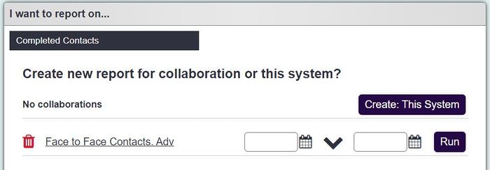 "a screenshot of the analytics report for completed contacts. This shows two fields for dates and a button to run the report."