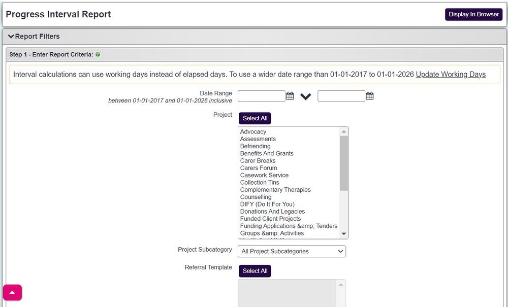 "a screenshot of the progress interval report fields, including the date, project and referral template selection fields."