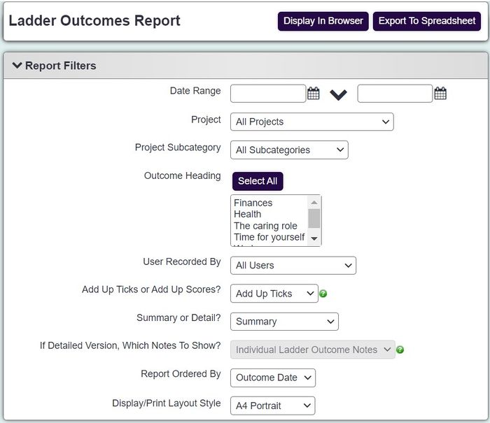"a screenshot of the ladder outcome reporting fields, as listed below."