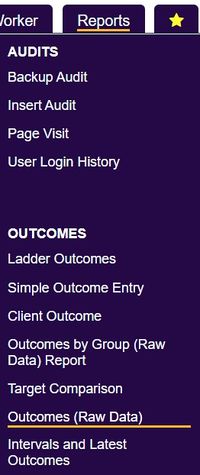 "a screenshot of the outcomes raw data report in the report menu."
