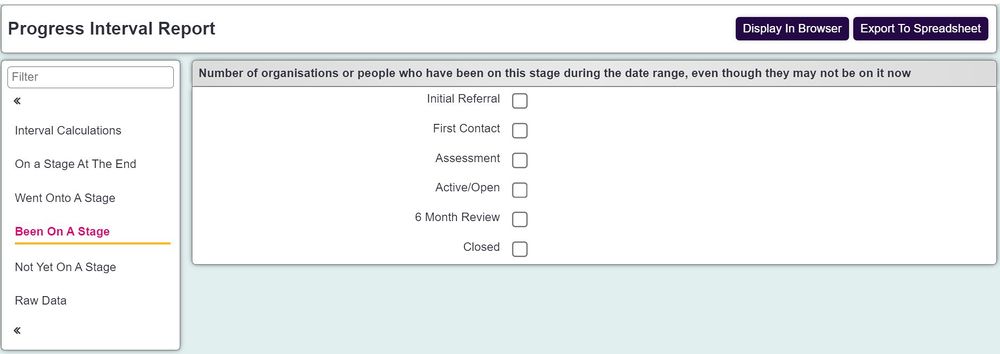 "a screenshot of the 'clients who have been on a stage' section of the progress interval report."