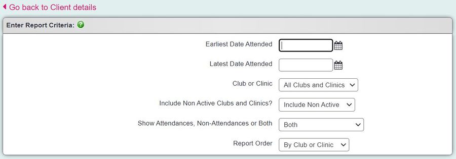 "a screenshot of the attendance section full report. This displays a date field, drop down for the club and clinic, drop down to choose from active or inactive clinics, and report order."