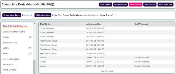 "a screenshot of the attendance section on a client record. This lists the clients attendances and has a button for 'show full report'."