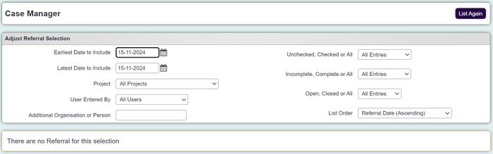 "a screenshot of the case manager search fields, as per the list below."