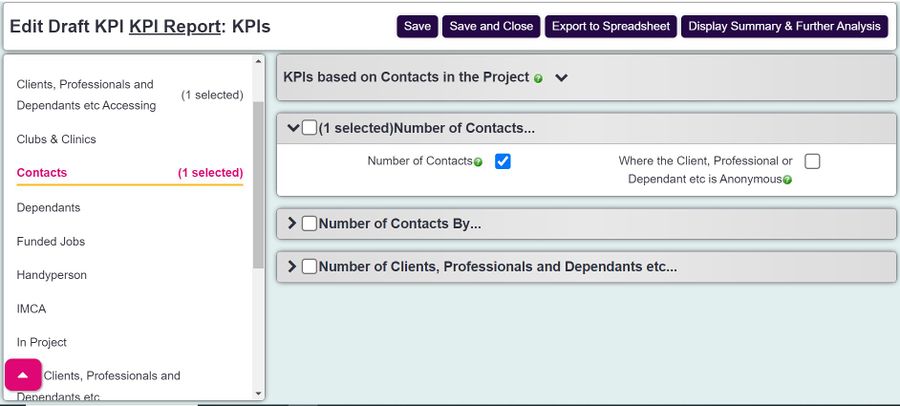 "a screenshot of the support number of contacts KPI report option, with a tick in the box."