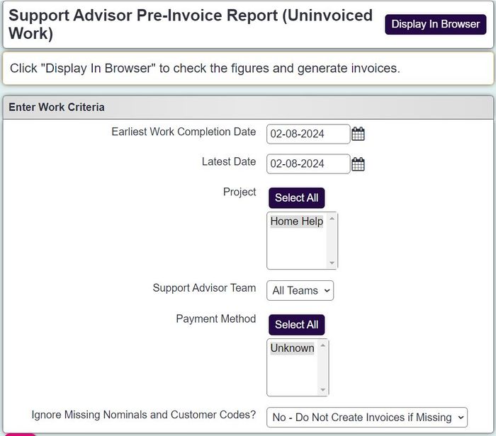 "a screenshot of the support advisor general invoicing search fields, including two date selectors and a project selection button."