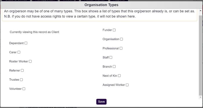 "a screenshot of the organisation types window, which displays the various record types and a tick box to allow you to record which type the record belongs to."