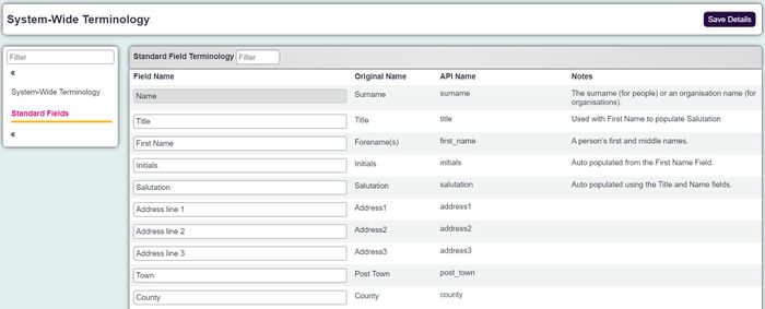 "a screenshot of the standard fields changer in the terminology page."