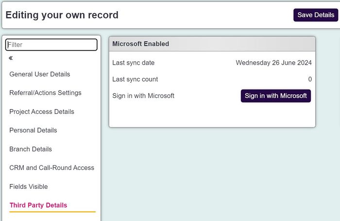 "a screenshot of the user record, showing the section labelled 3rd party details. There is a black button labelled Sign in With Microsoft."