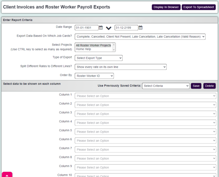 "a screenshot of the export invoices criteria page, including the criteria fields listed below."