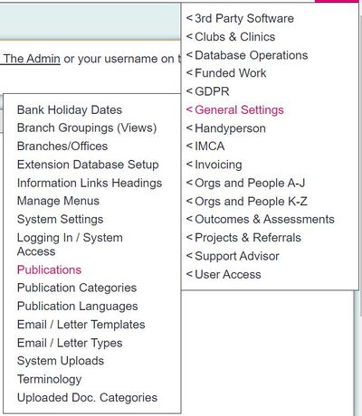 "a screenshot of the publications button highlighted in the admin menu."