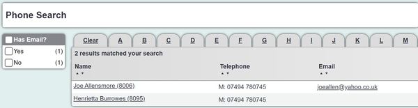"a screenshot of the phone search results in Charitylog. This lists two records with the same number."