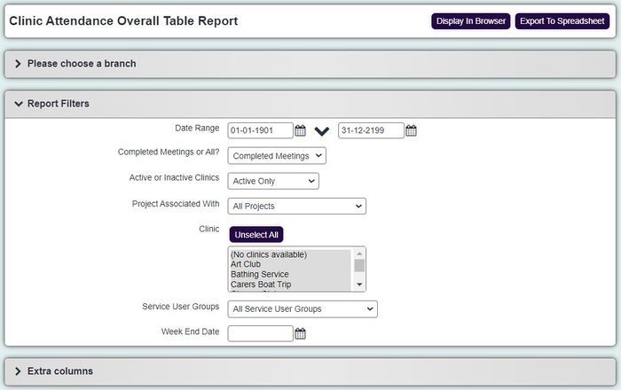 "a screenshot of the clinic attendance overview report criteria fields. As listed above."