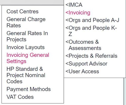 "a screenshot of the invoice general settings button in the admin menu."